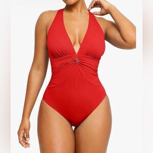 SHAPELLX Tummy Control One Piece Red Swimsuit V Neck Ruched Swimwear M